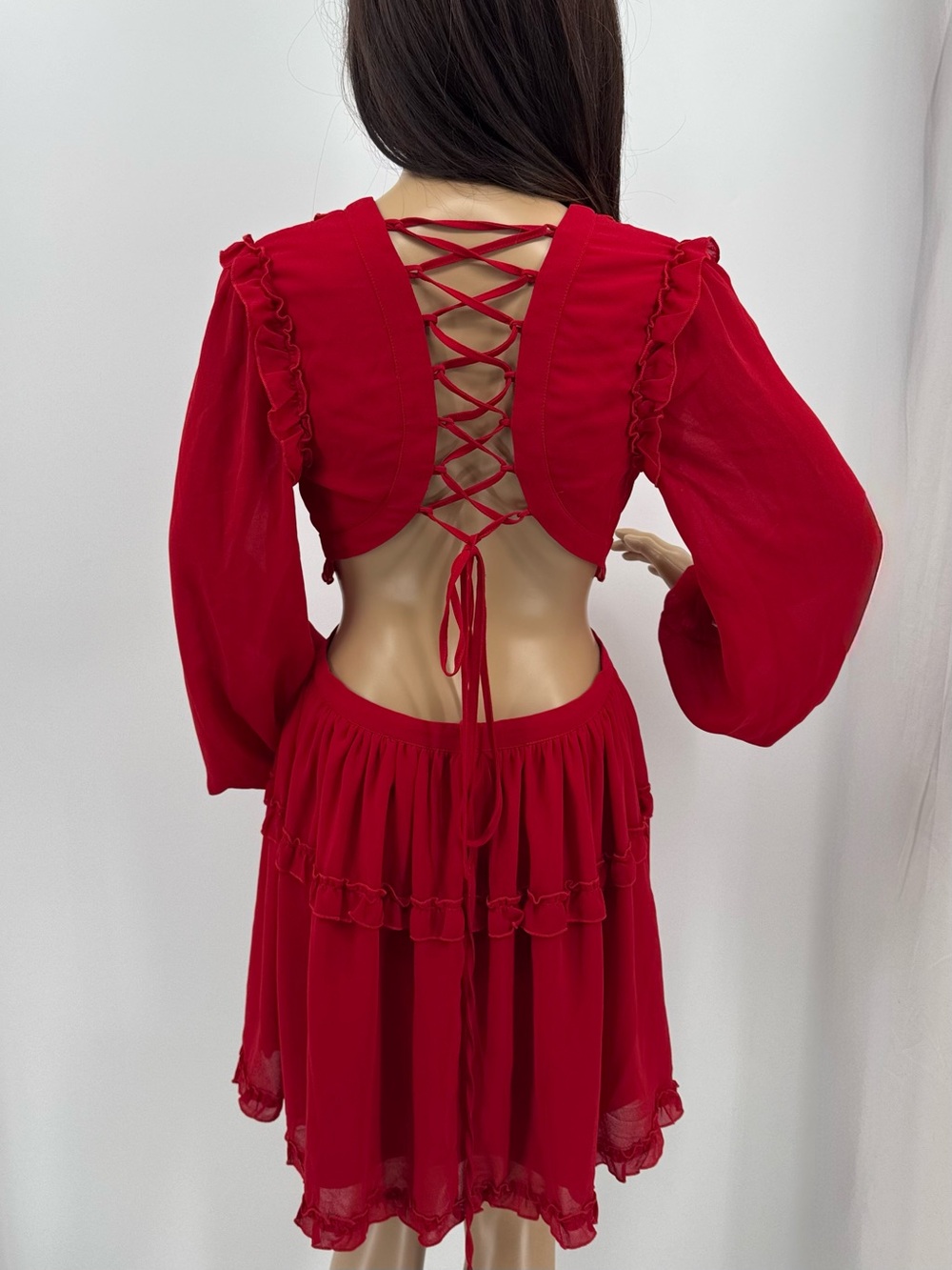Fashion Nova NEW Ansley Red Cut Out Long Sleeve Ruffle Red Corset Mini Dress